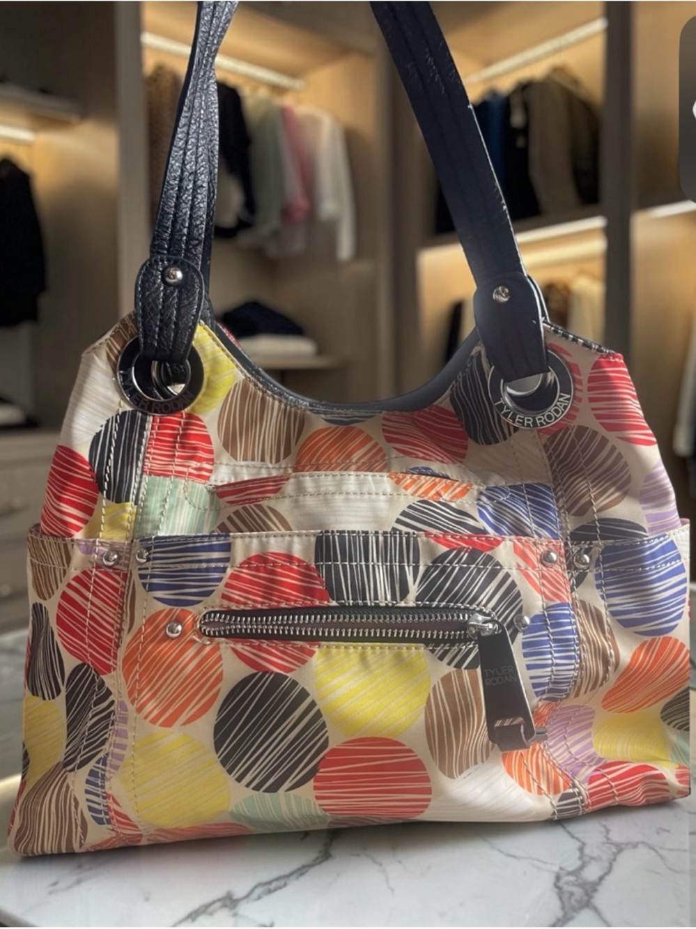 TYLER RODAN Multicolor Circle Print Shoulder Bag with Black Straps